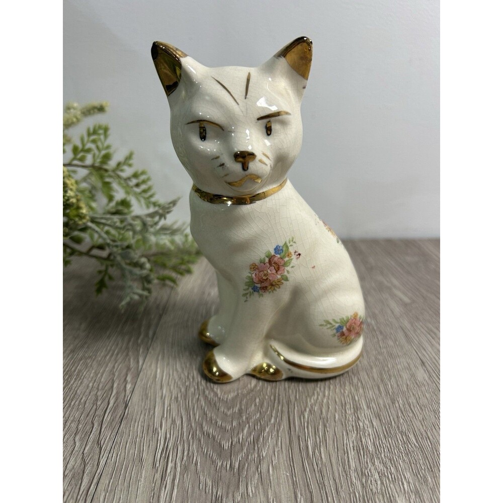 Vintage Porcelain Floral Cat Figurine Gold Trim Cottage Core